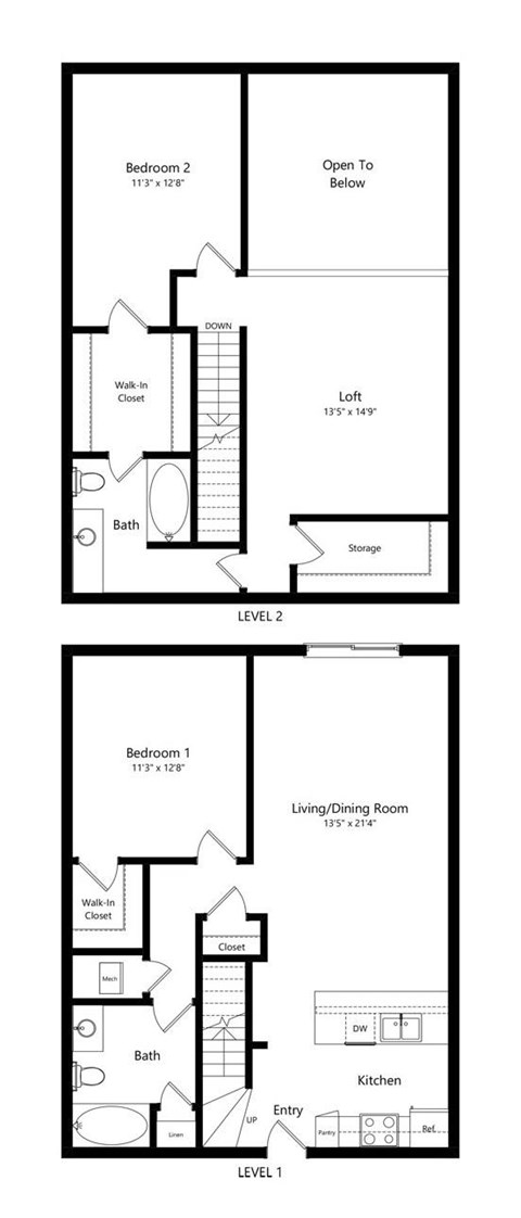 the 2-bedroom, 2-bathroom, 1,408 square feet Geneva loft-style floor plan at Pine Lake Heights apartments in Lincoln, NE